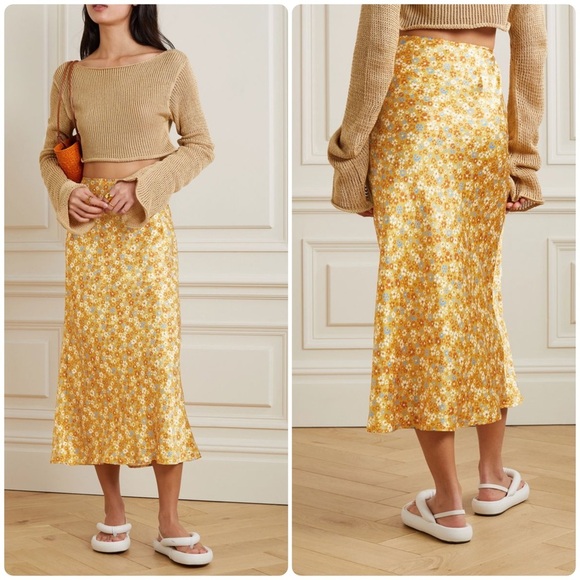 Reformation Dresses & Skirts - New! Reformation Pratt Yellow Floral Print 100% Silk Satin Skirt 🌼 size 2